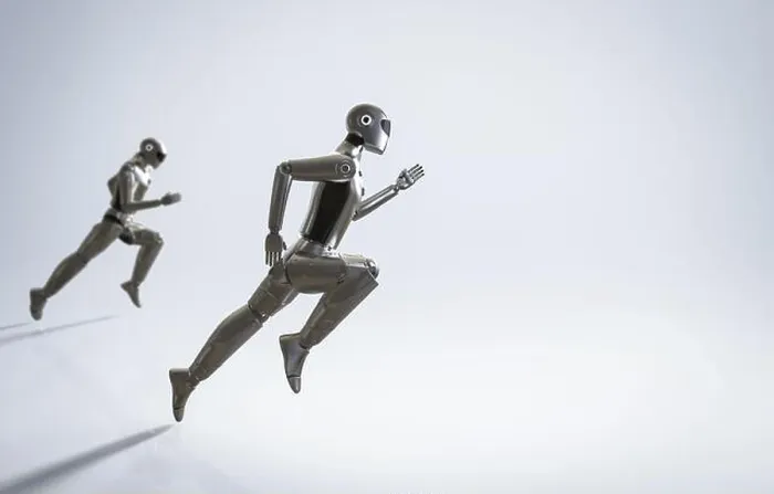 Gerahmter Druck : 3D-Rendering-KI-Cyborg oder Roboter läuft.