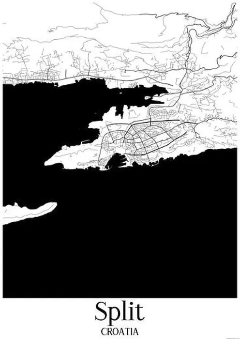 Gerahmter Druck : Schwarz-Weiß-Stadtplan von Split Gerahmter Druck : Schwarz-Weiß-Stadtplan von Split