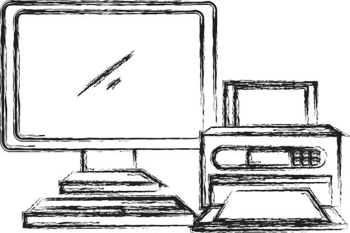 Gerahmter Druck : Computer-Desktop mit Drucker Gerahmter Druck : Computer-Desktop mit Drucker