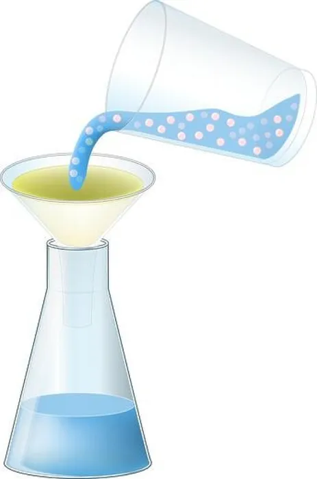 Gerahmter Druck : Filterung, chemische Experimente, trennungsvorgang der Trennung von festem Stoff und Flüssigkeit aus einer Mischung mit einem Filter, Vektorillustration Gerahmter Druck : Filterung, chemische Experimente, trennungsvorgang der Trennung von festem Stoff und Flüssigkeit aus einer Mischung mit einem Filter, Vektorillustration