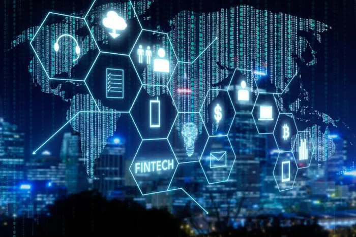 Gerahmter Druck : Fintech-Ikone und Internet der Dinge mit Matrix-Code-Hintergrund, Investitions- und Finanzinternettechnologie-Konzept.