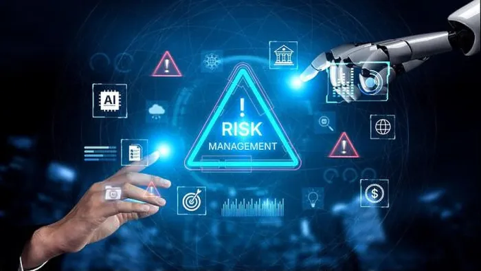Gerahmter Druck : Futuristische Risikomanagement mit AI-Agenten, die Daten analysieren.