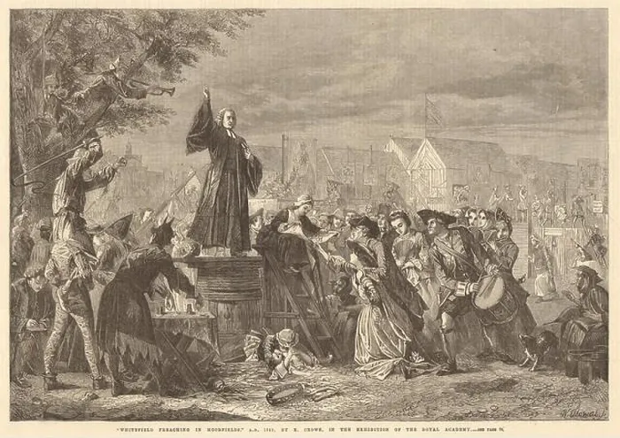 Gerahmter Druck : Whitefield predigt in Moorfields 1742, von E. Crowe. London. Geistlichkeit 1865