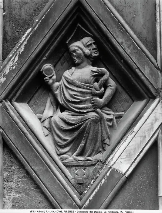 Gerahmter Druck : Formella romboidale mit der Darstellung der Prudenz, einst am Giotto-Turm in Florenz und jetzt im Museo dell'Opera del Duomo aufbewahrt.