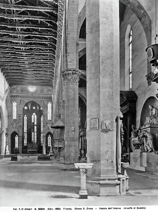 Gerahmter Druck : Ansicht des Innenraums der Basilika S. Croce in Florenz, mit den Säulen die die Mittelhalle von der rechten Halle trennen. Gerahmter Druck : Ansicht des Innenraums der Basilika S. Croce in Florenz, mit den Säulen die die Mittelhalle von der rechten Halle trennen.