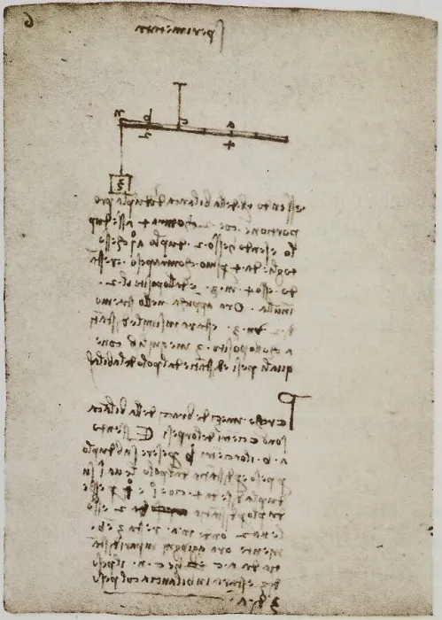 Gerahmter Druck : Ein Physikversuch mit einer Waage und einem Gewicht; Codice Forster II, c.153v Gerahmter Druck : Ein Physikversuch mit einer Waage und einem Gewicht; Codice Forster II, c.153v