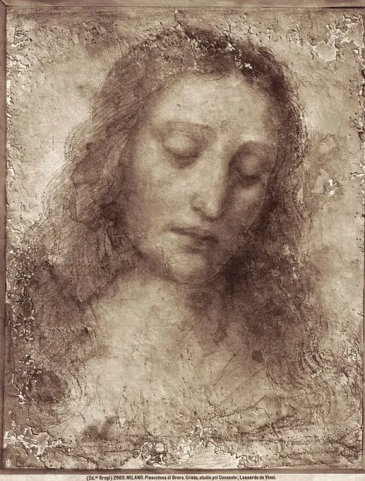 Gerahmter Druck : Das Gesicht Christi von einem Affresko gemalt, das von Leonardo da Vinci als Vorstudie für die ultimste Mahlzeit in der Kirche Santa Maria delle Grazie in Mailand erstellt wurde. Gerahmter Druck : Das Gesicht Christi von einem Affresko gemalt, das von Leonardo da Vinci als Vorstudie für die ultimste Mahlzeit in der Kirche Santa Maria delle Grazie in Mailand erstellt wurde.