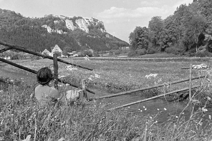 Gerahmter Druck : Blüte. Ein junges Mädchen sitscht im Gras der Weide an einem kleinen Bache im Schwarzwald Gerahmter Druck : Blüte. Ein junges Mädchen sitscht im Gras der Weide an einem kleinen Bache im Schwarzwald