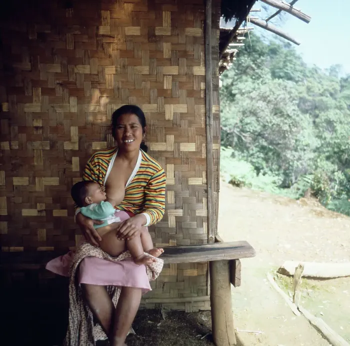Gerahmter Druck : Eine indonesische Mutter beim Stillen ihres Babys auf Java, Indonesien in den 1980er Jahren. Gerahmter Druck : Eine indonesische Mutter beim Stillen ihres Babys auf Java, Indonesien in den 1980er Jahren.