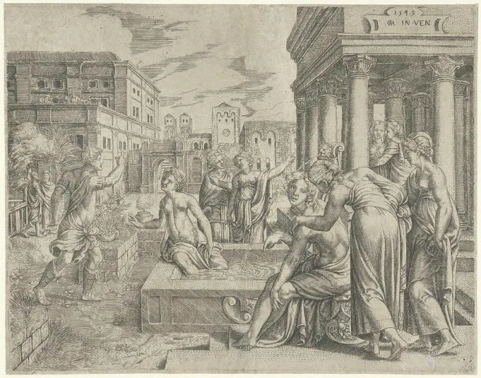 Gerahmter Druck : Bathsheba erhält die Botschaft Davids, Cornelis Massijs, 1549 Gerahmter Druck : Bathsheba erhält die Botschaft Davids, Cornelis Massijs, 1549