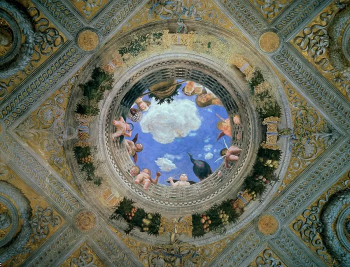 Gerahmter Druck : Kamera der Verliebten: Deckenokulus ca. 1474 Andrea Mantegna (1431-1506 italienisch) Fresko Palazzo Ducale, Mantua, Italien Gerahmter Druck : Kamera der Verliebten: Deckenokulus ca. 1474 Andrea Mantegna (1431-1506 italienisch) Fresko Palazzo Ducale, Mantua, Italien