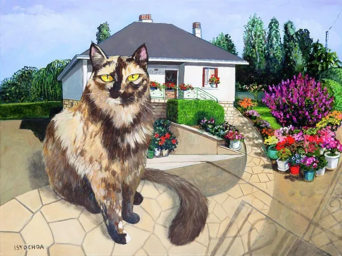 Gerahmter Druck : Reizvolle Katze in einem lebhaften Garten, schön eingefangen in der Kunst von Isy Ochoa. Gerahmter Druck : Reizvolle Katze in einem lebhaften Garten, schön eingefangen in der Kunst von Isy Ochoa.