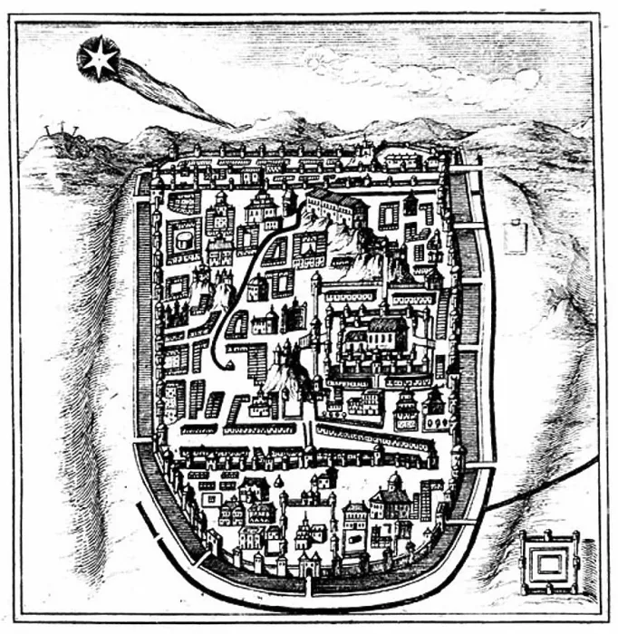 Gerahmter Druck : Komet von 66 n. Chr. (Halley) über Jerusalem. Aus Lubenietski Historia Universalis Omulum Cometarum Amsterdam 1666. Kupferstich