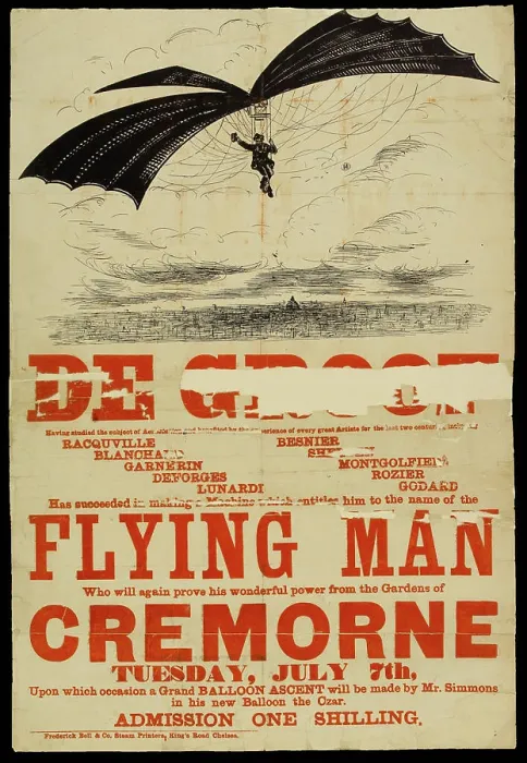 Gerahmter Druck : FLIEGENDER MANN Frederick Bell und Co. Werbeposter. Fliegender Mann . Farbtypografie. 1860-1870 Gerahmter Druck : FLIEGENDER MANN Frederick Bell und Co. Werbeposter. Fliegender Mann . Farbtypografie. 1860-1870
