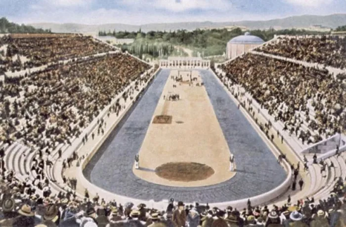Gerahmter Druck : Hoher Blickwinkel eines Stadions, Olympiastadion, Athen, Griechenland, um 1906. Gerahmter Druck : Hoher Blickwinkel eines Stadions, Olympiastadion, Athen, Griechenland, um 1906.