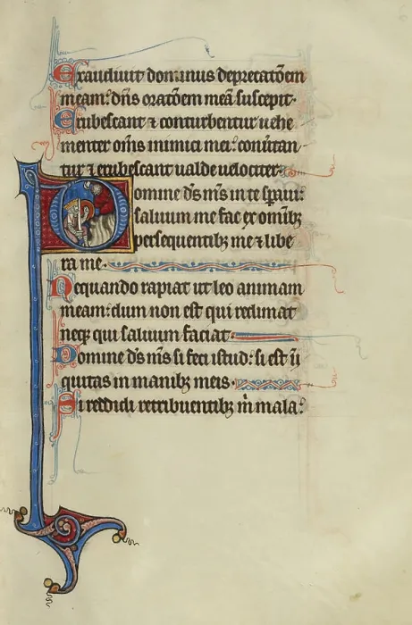 Gerahmter Druck : 'Initial D: David gegen einen Mann, der ihm ein Stein wirft. Bute Master (französisch-flämisch, aktiv um 1260 - 1290)'. Gerahmter Druck : 'Initial D: David gegen einen Mann, der ihm ein Stein wirft. Bute Master (französisch-flämisch, aktiv um 1260 - 1290)'.