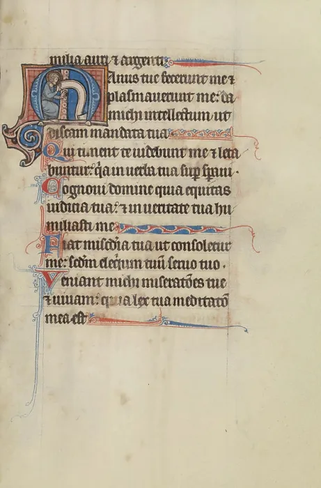 Gerahmter Druck : 'Initial M: Ein Heiliger, der ein Rollen hält. Meister von Bute (Französisch-Flandrisch, aktiv etwa 1260 - 1290)'. Gerahmter Druck : 'Initial M: Ein Heiliger, der ein Rollen hält. Meister von Bute (Französisch-Flandrisch, aktiv etwa 1260 - 1290)'.