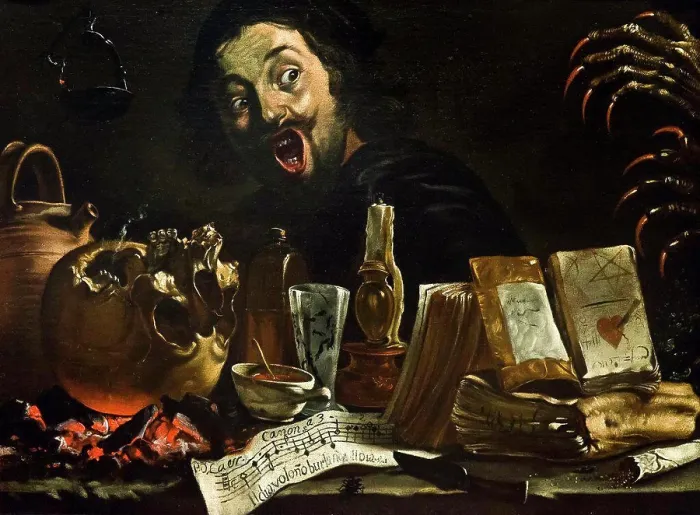 Gerahmter Druck : Magische Szene mit Selbstporträt von Pieter van Laer; genannt Il Bamboccio; Öl auf Leinwand; circa 1638 - 39. Gerahmter Druck : Magische Szene mit Selbstporträt von Pieter van Laer; genannt Il Bamboccio; Öl auf Leinwand; circa 1638 - 39.