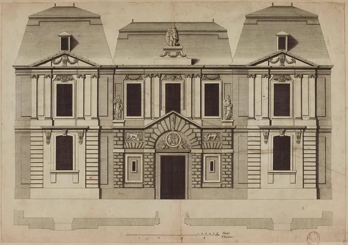 Gerahmter Druck : Plan und Elevation der Fassade des Carnavalet-Hotels Gerahmter Druck : Plan und Elevation der Fassade des Carnavalet-Hotels