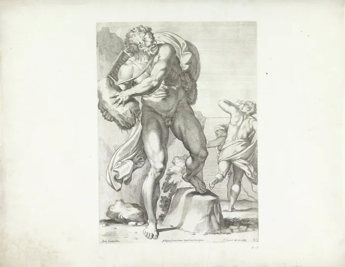 Gerahmter Druck : Polyphemus wirft einen Stein auf Acis.
