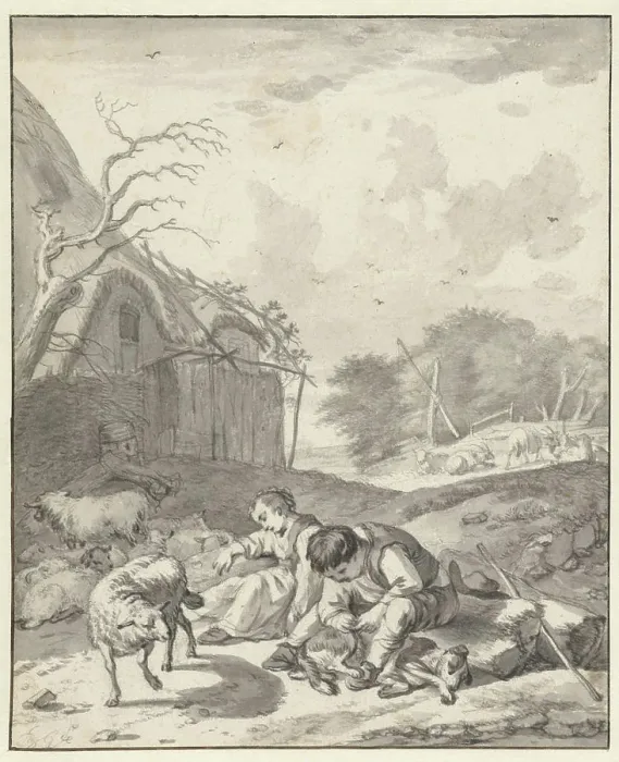 Gerahmter Druck : Schäfer und ein Schäfer, Barent Gael, 1640 - 1673 Zeichnung Papier. Kreide. Bleistift Pinsel