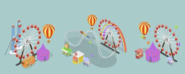 Gerahmter Druck : 3D Isometrisches Flachvektor-Set von Freizeitparks. Gerahmter Druck : 3D Isometrisches Flachvektor-Set von Freizeitparks.
