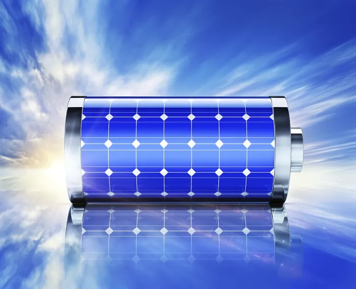 Gerahmter Druck : 3D-Rendition einer Batterie mit Solarzellen.