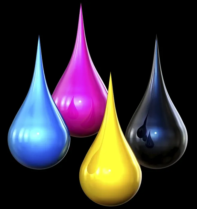 Gerahmter Druck : 3D-Rendern von CMYK-Tropfen. Gerahmter Druck : 3D-Rendern von CMYK-Tropfen.
