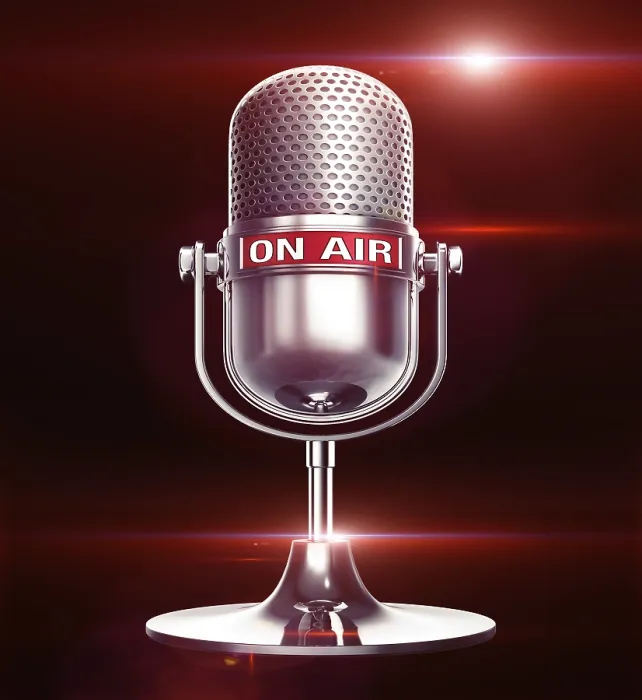 Gerahmter Druck : 3D-Rendernung eines Mikrofons mit einem On-Air-Icon.