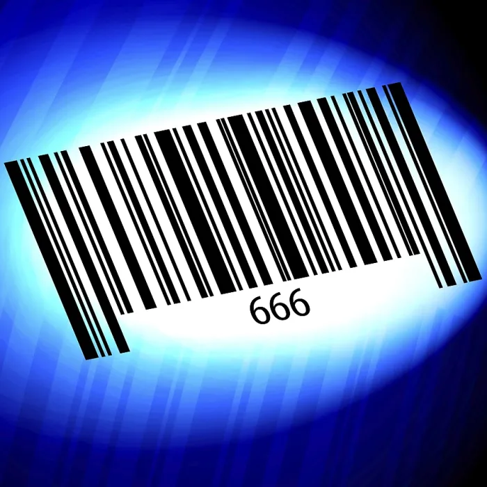 Gerahmter Druck : 666, Barcode mit blauem Hintergrund. Gerahmter Druck : 666, Barcode mit blauem Hintergrund.