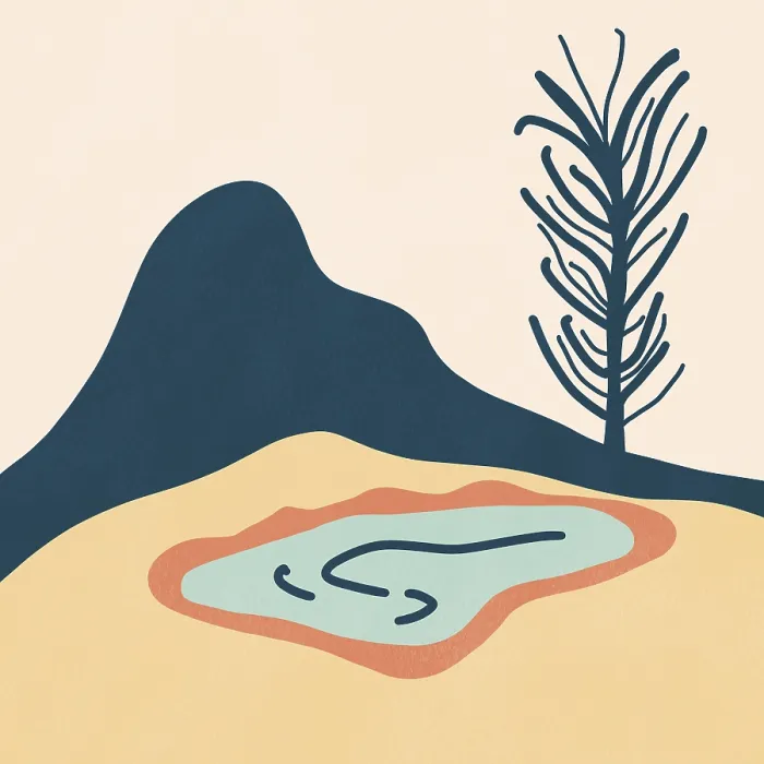 Gerahmter Druck : Abstrakte minimalistische Landschaftskunst zeigt eine stilisierte Berglandschaft.