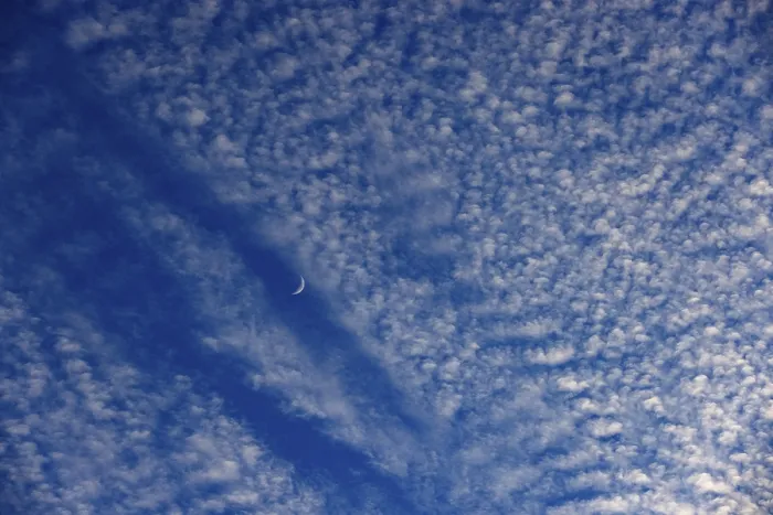 Gerahmter Druck : Altocumulus-Wolken mit abnehmender Mond. Gerahmter Druck : Altocumulus-Wolken mit abnehmender Mond.