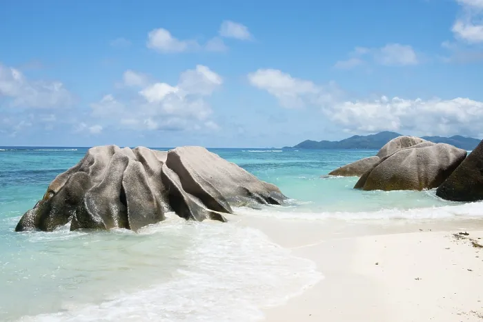 Gerahmter Druck : Strand von Anse Source d'Argent Gerahmter Druck : Strand von Anse Source d'Argent