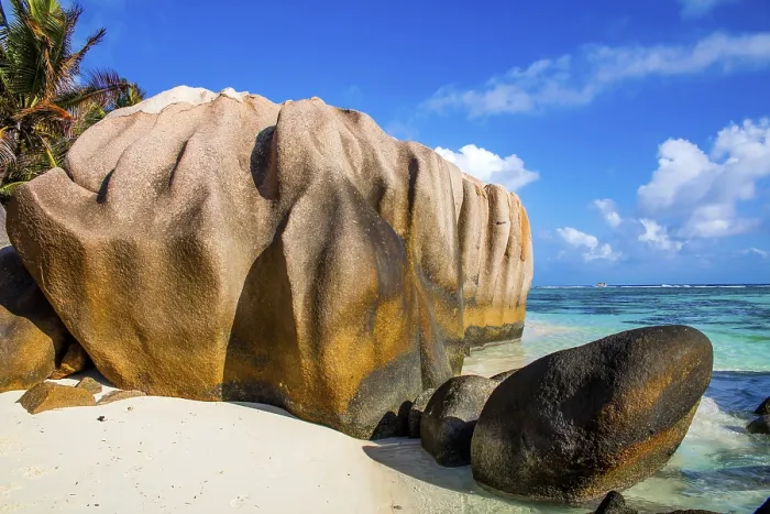 Gerahmter Druck : Anse Source d'Argent, Granitstrand. Gerahmter Druck : Anse Source d'Argent, Granitstrand.