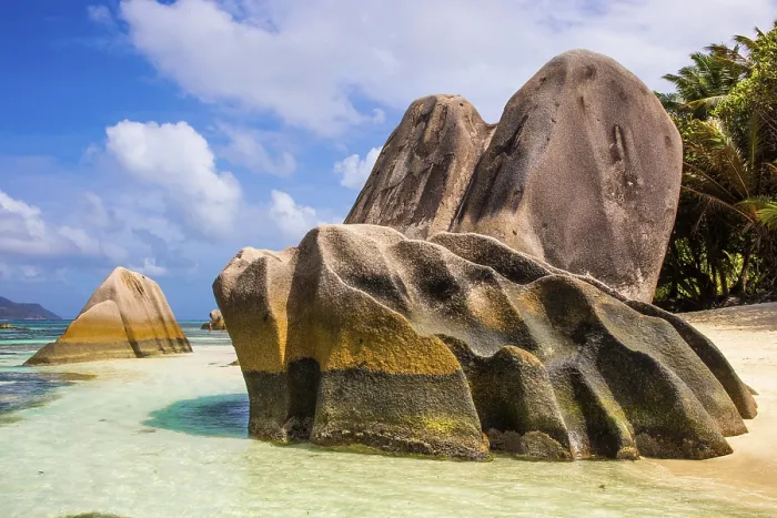 Gerahmter Druck : Anse Source d'Argent, Granitstrand. Gerahmter Druck : Anse Source d'Argent, Granitstrand.