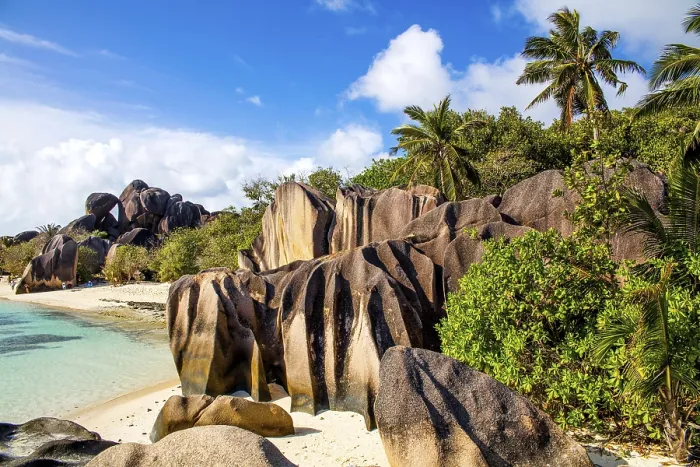 Gerahmter Druck : Anse Source d'Argent, Granitstrand. Gerahmter Druck : Anse Source d'Argent, Granitstrand.