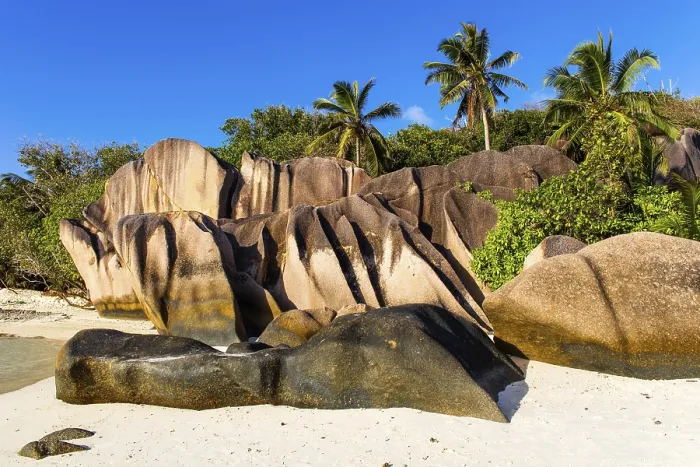 Gerahmter Druck : Anse Source d'Argent, Granitstrand.