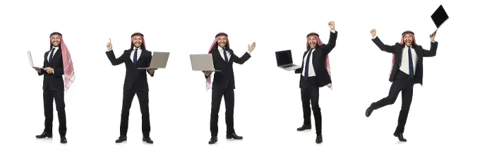 Gerahmter Druck : Araber Geschäftsmann mit Computer auf weiß. Gerahmter Druck : Araber Geschäftsmann mit Computer auf weiß.