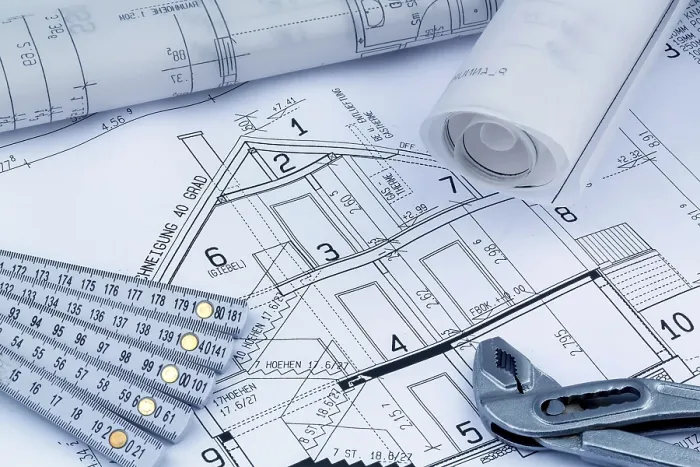 Gerahmter Druck : Ein Architektenplan für den Bau eines neuen Hauses. Gerahmter Druck : Ein Architektenplan für den Bau eines neuen Hauses.