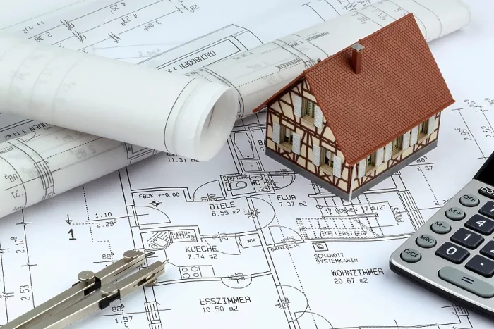 Gerahmter Druck : Ein Architektenplan für den Bau eines neuen Hauses. Gerahmter Druck : Ein Architektenplan für den Bau eines neuen Hauses.