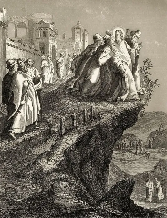Gerahmter Druck : Der Versuch, Christus vom Kliff zu werfen Gerahmter Druck : Der Versuch, Christus vom Kliff zu werfen