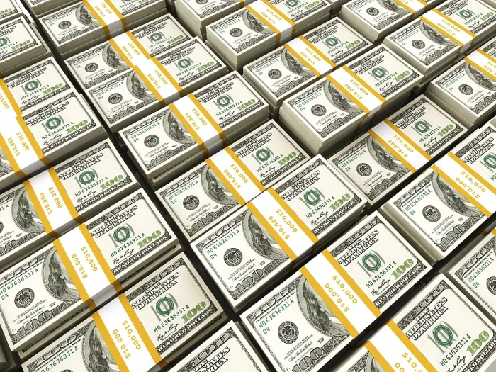 Gerahmter Druck : Bündel US-Dollar in Reihen