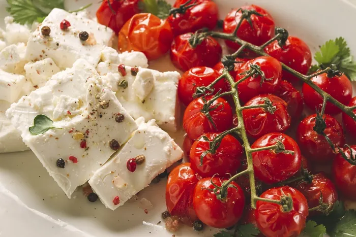 Gerahmter Druck : Gekochte Kirschtomaten mit Käse. Gerahmter Druck : Gekochte Kirschtomaten mit Käse.