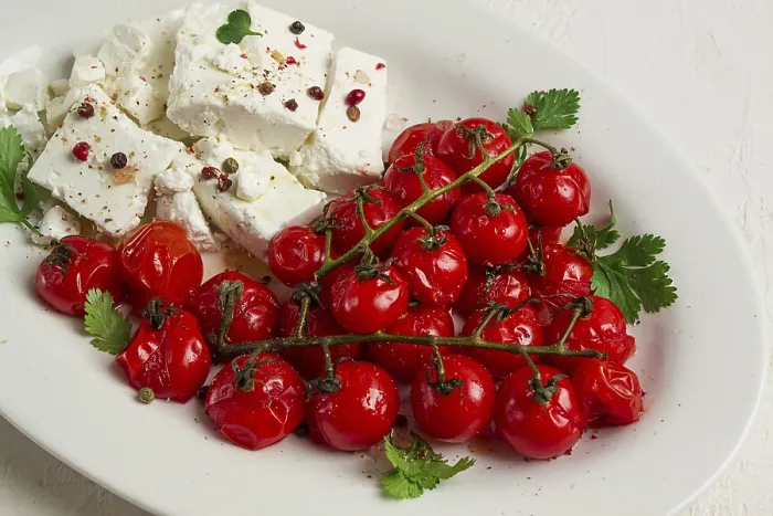 Gerahmter Druck : Gekochte Kirschtomaten, mit Käse. Gerahmter Druck : Gekochte Kirschtomaten, mit Käse.