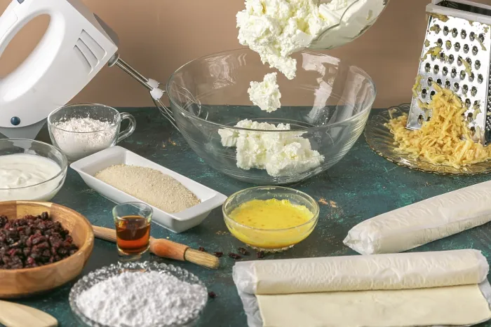 Gerahmter Druck : Backen vorbereiten für Käsestrudel Gerahmter Druck : Backen vorbereiten für Käsestrudel