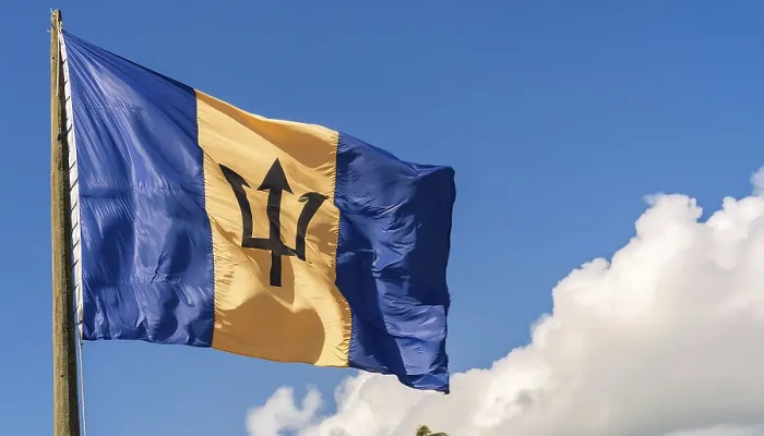 Gerahmter Druck : Die Flagge von Barbados flattert im Wind. Gerahmter Druck : Die Flagge von Barbados flattert im Wind.