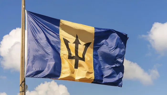 Gerahmter Druck : Die Flagge von Barbados flattert im Wind. Gerahmter Druck : Die Flagge von Barbados flattert im Wind.