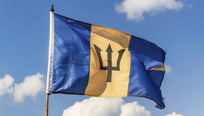 Gerahmter Druck : Die Flagge von Barbados flattert im Wind. Gerahmter Druck : Die Flagge von Barbados flattert im Wind.