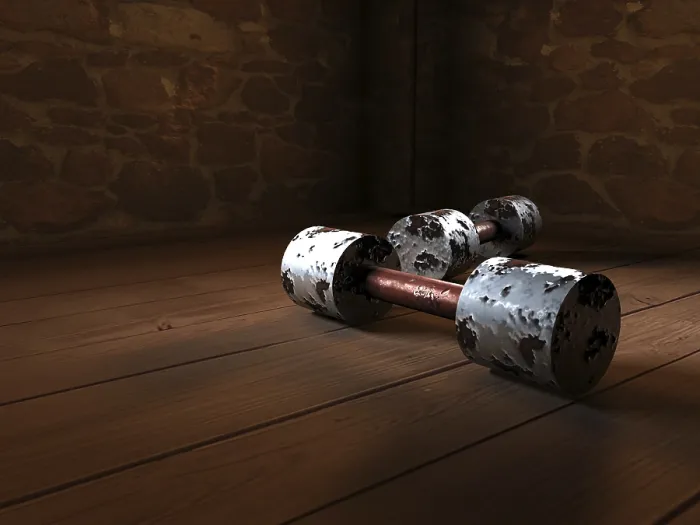 Gerahmter Druck : Ein Barbell im Keller. Gerahmter Druck : Ein Barbell im Keller.