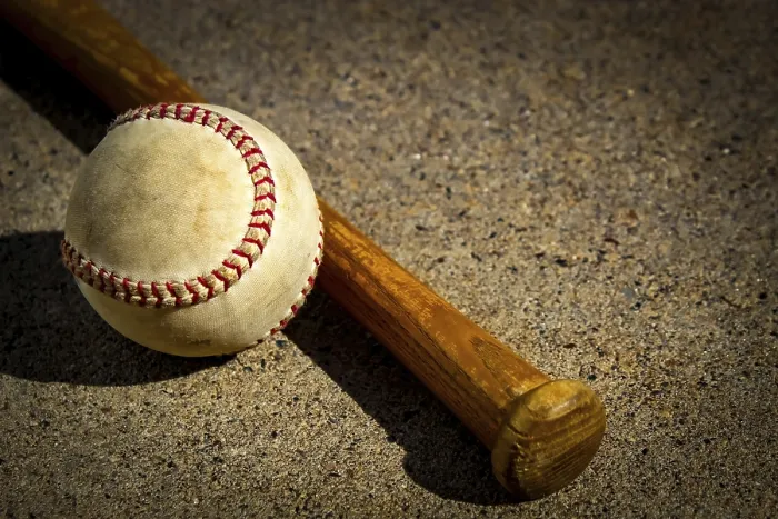 Gerahmter Druck : Ein Baseball und ein Holzbat auf einer texturierten Oberfläche. Gerahmter Druck : Ein Baseball und ein Holzbat auf einer texturierten Oberfläche.